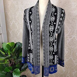 Everly Size Medium Black/White/Blue Open Front Cardigan Aztec  Print EUC